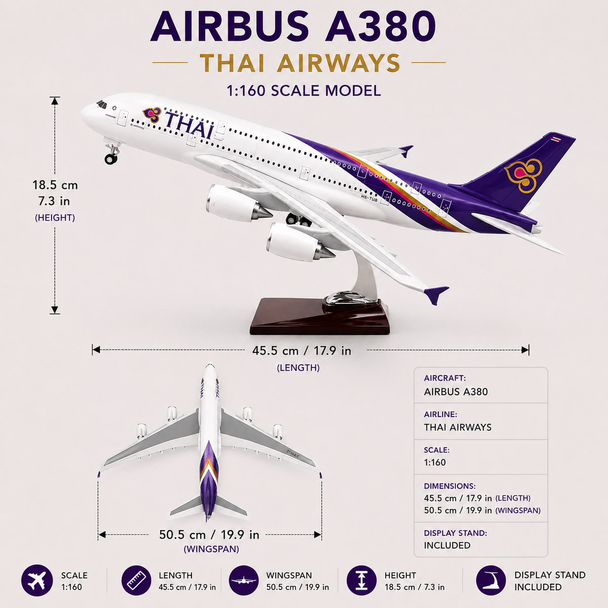 Thai Airways Airbus A380 1:160 Scale Aircraft Model – 45.5cm Premium Resin Collector Model