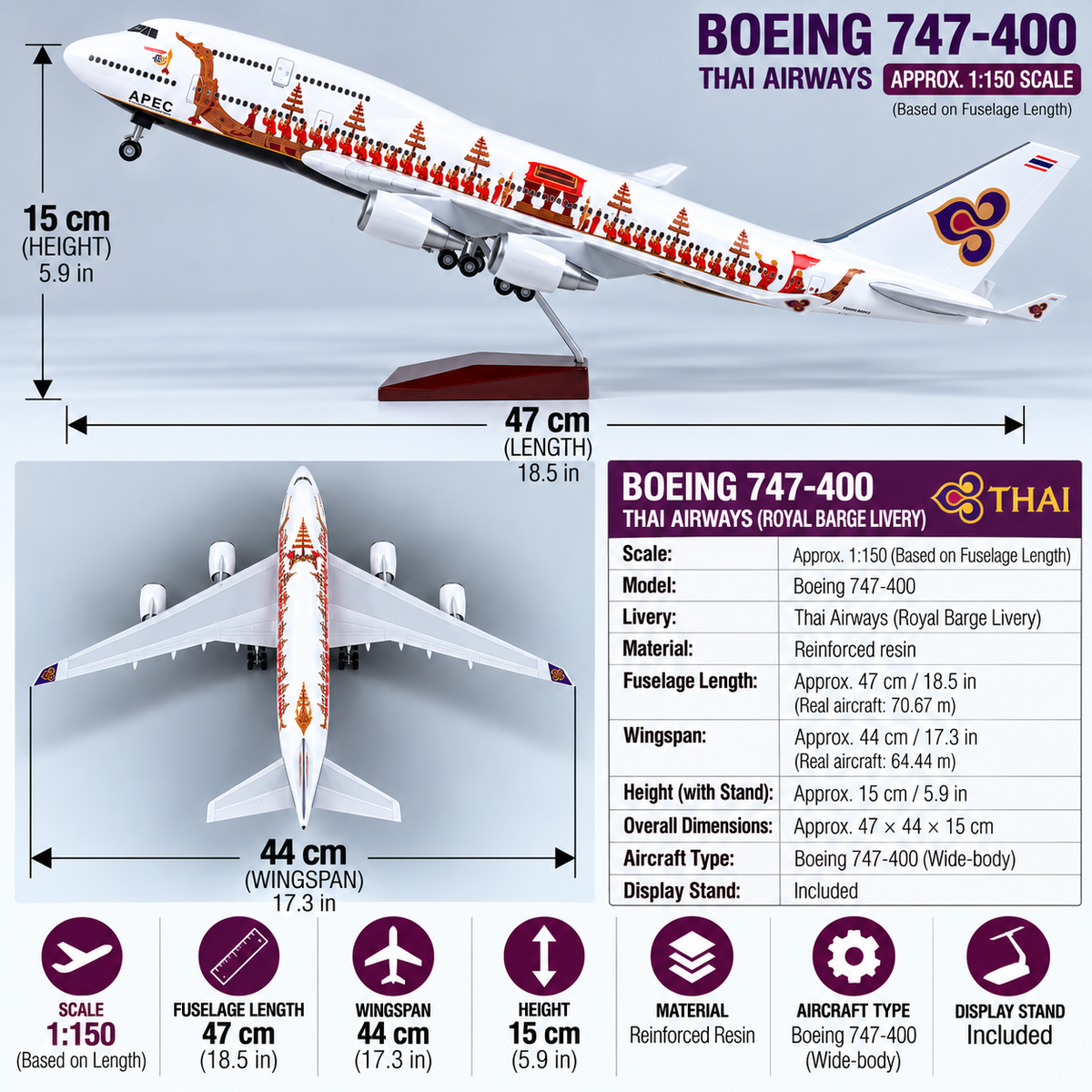 Thai Airways Boeing 747-400 Royal Barge 1:150 Scale LED Aircraft Model
