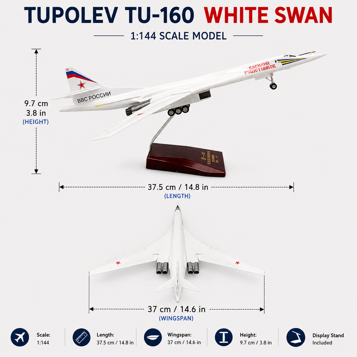Tupolev Tu-160 1:144 Scale Aircraft Model – 37.5cm Premium Resin Collector Model