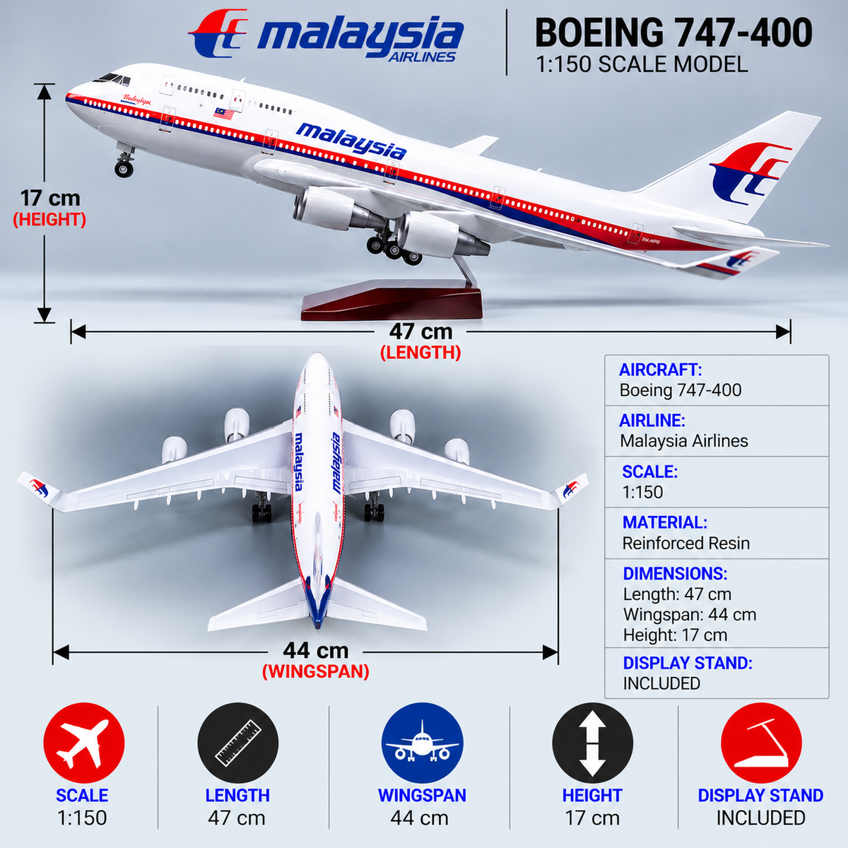 Malaysia Airlines Boeing 747-400 1:150 Scale Resin Aircraft Model