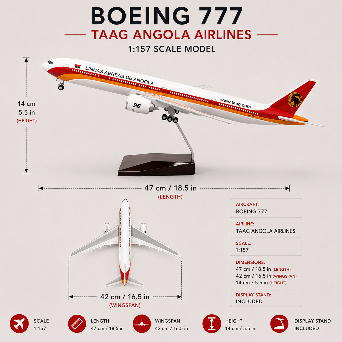 TAAG Angola Airlines Boeing 777 1:157 Scale Aircraft Model – 47cm Premium Resin Collector Model