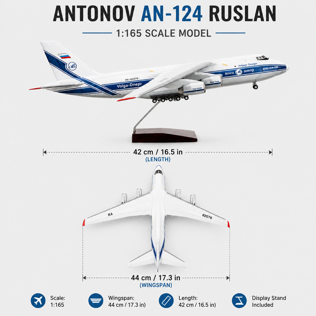 Antonov An-124 Ruslan Aircraft Model 1:165 – 42cm Collector-Grade Cargo Plane Display Model