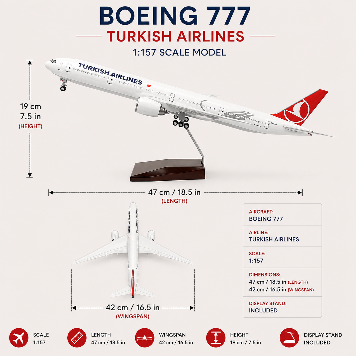 Turkish Airlines Boeing 777 1:157 Scale Aircraft Model – 47cm Premium Resin Collector Model