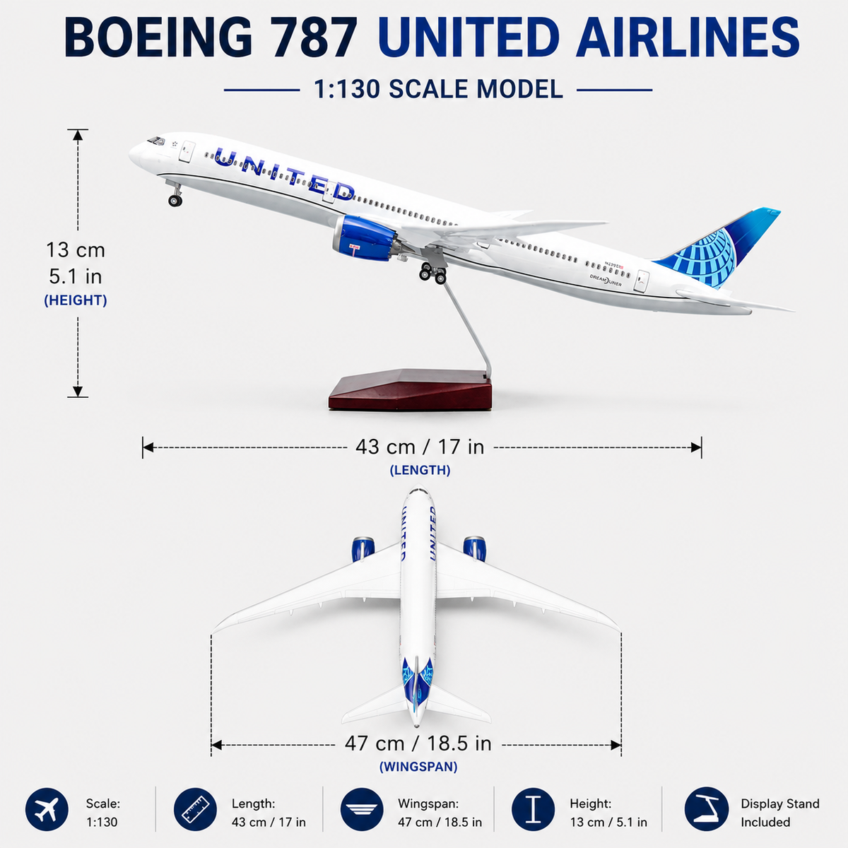 United Airlines Boeing 787 Dreamliner 1:130 – 43cm Sound-Activated LED Aircraft Model
