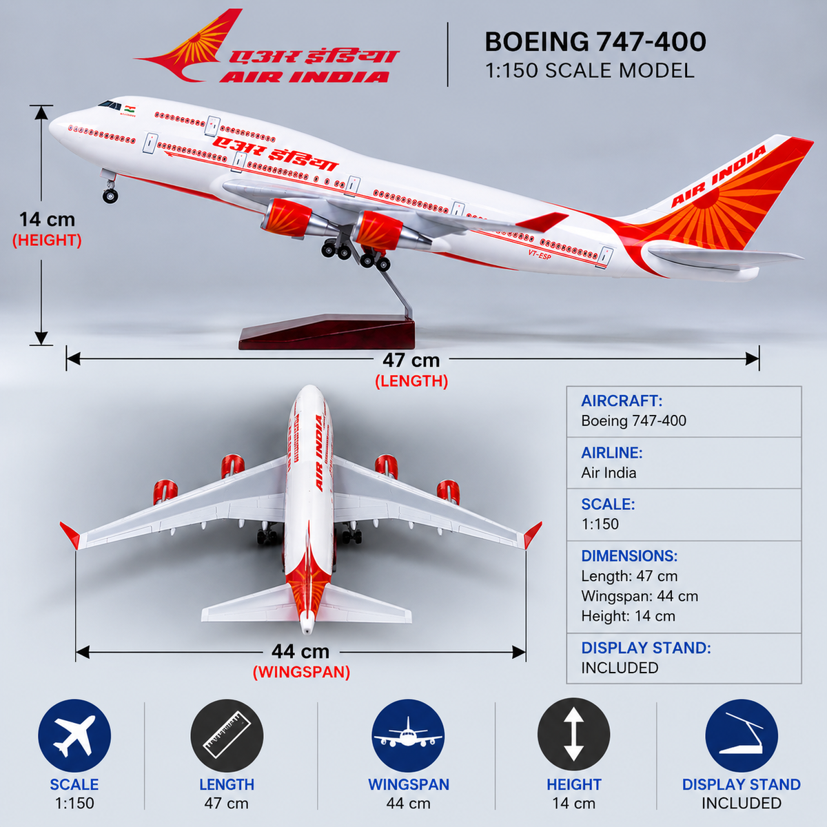 Air India Boeing 747-400  1:150 Scale LED Aircraft Model