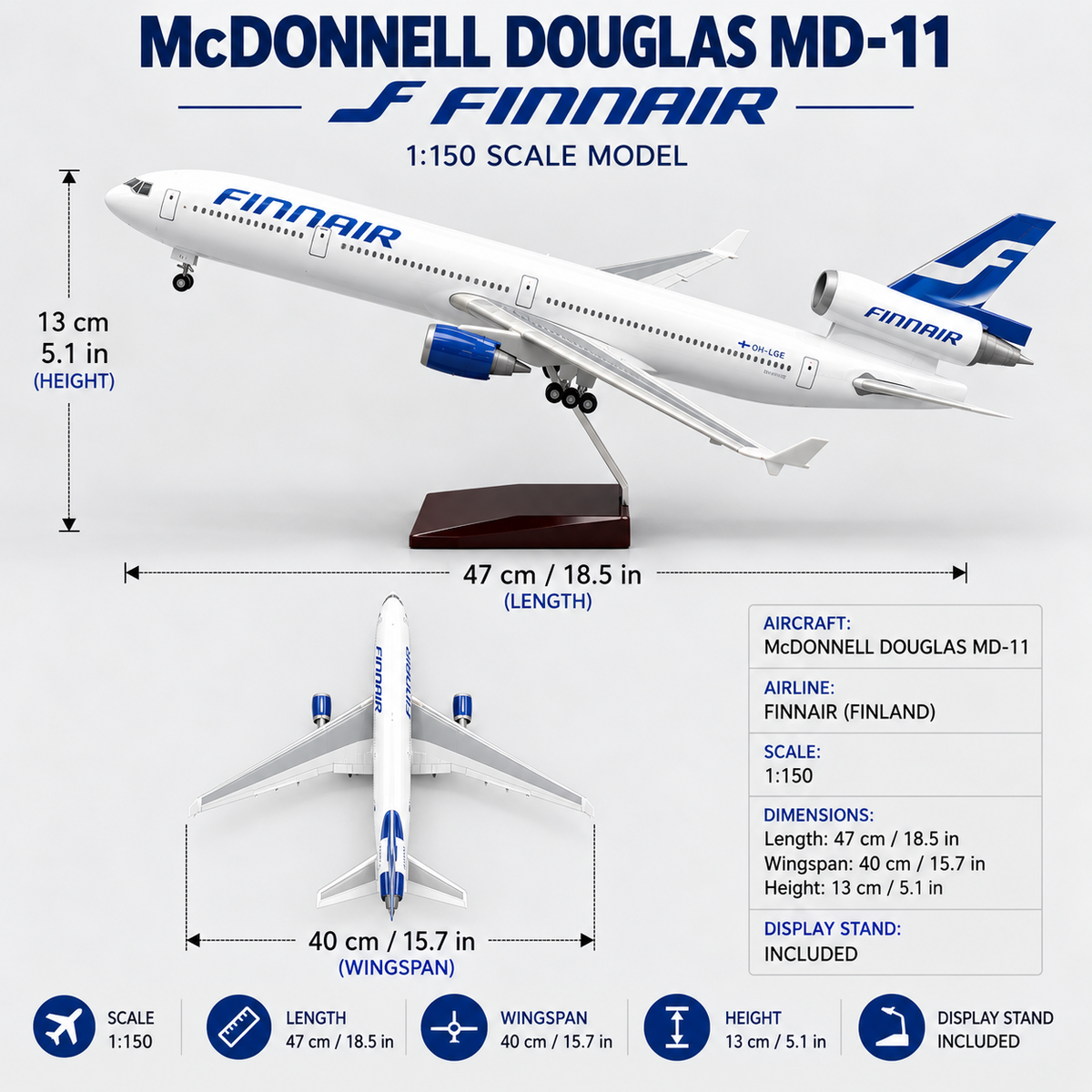 Finnair McDonnell Douglas MD-11 1:150 Scale Model – 47cm Sound-Activated LED Collector Aircraft