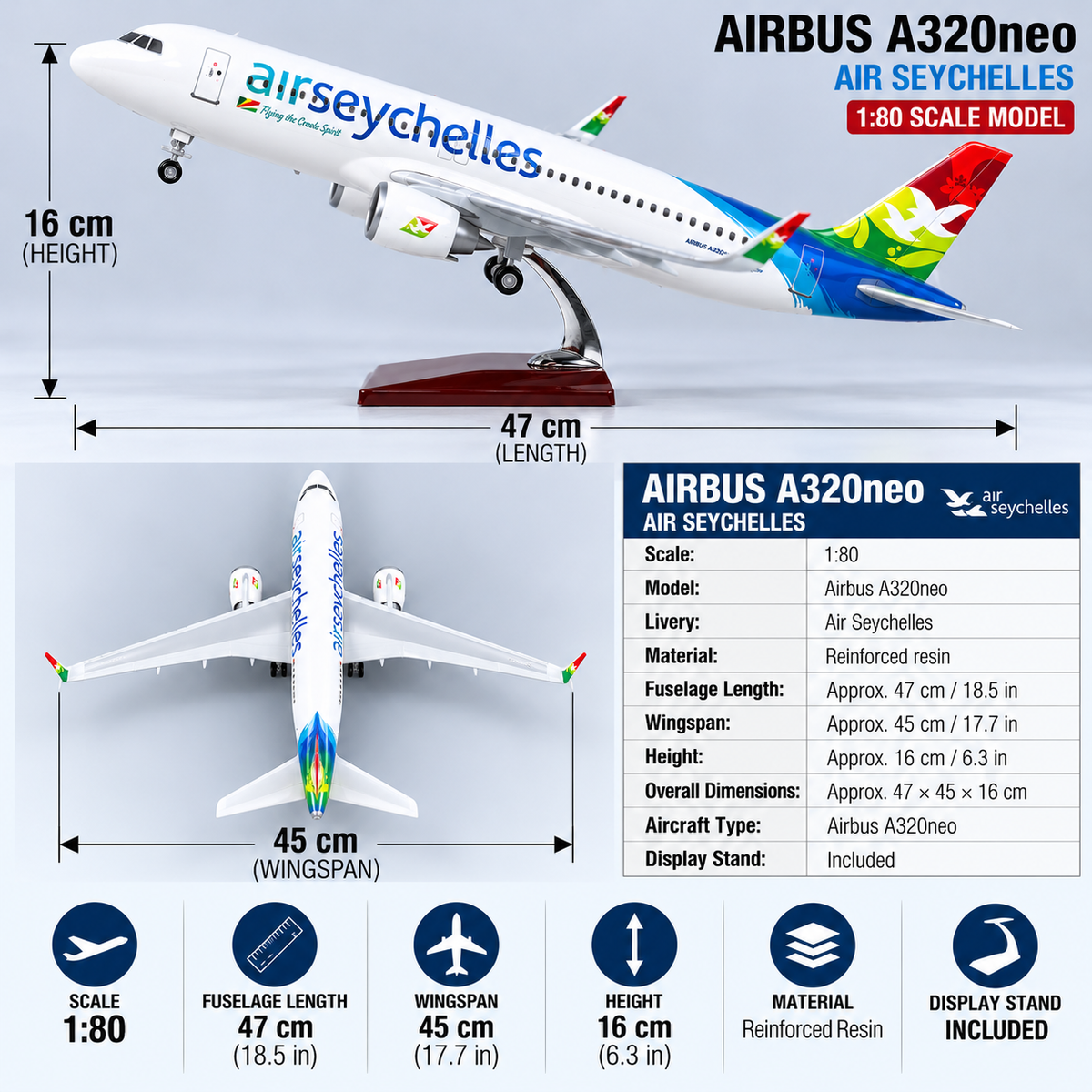 Air Seychelles Airbus A320neo 1:80 Scale Resin Aircraft Model