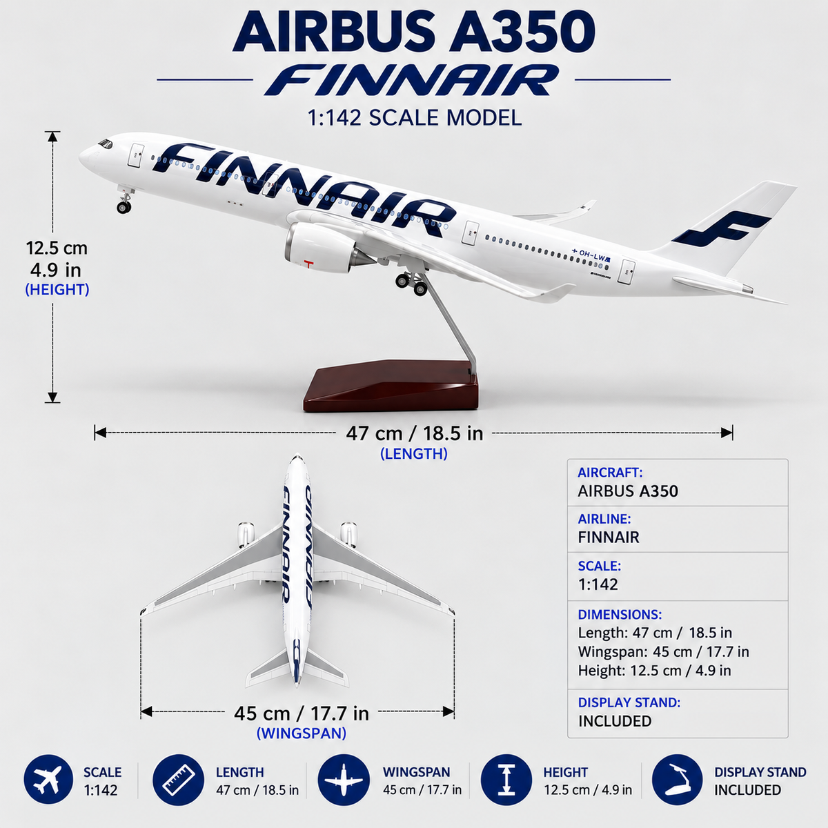 Finnair Airbus A350 1:142 Scale Model – 47cm Touch & Sound-Activated LED Collector Aircraft