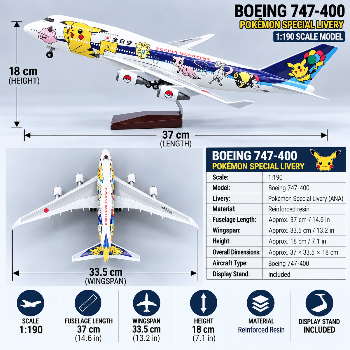ANA Boeing 747-400 Pokémon Special Livery 1:190 Scale LED Aircraft Model – 37cm