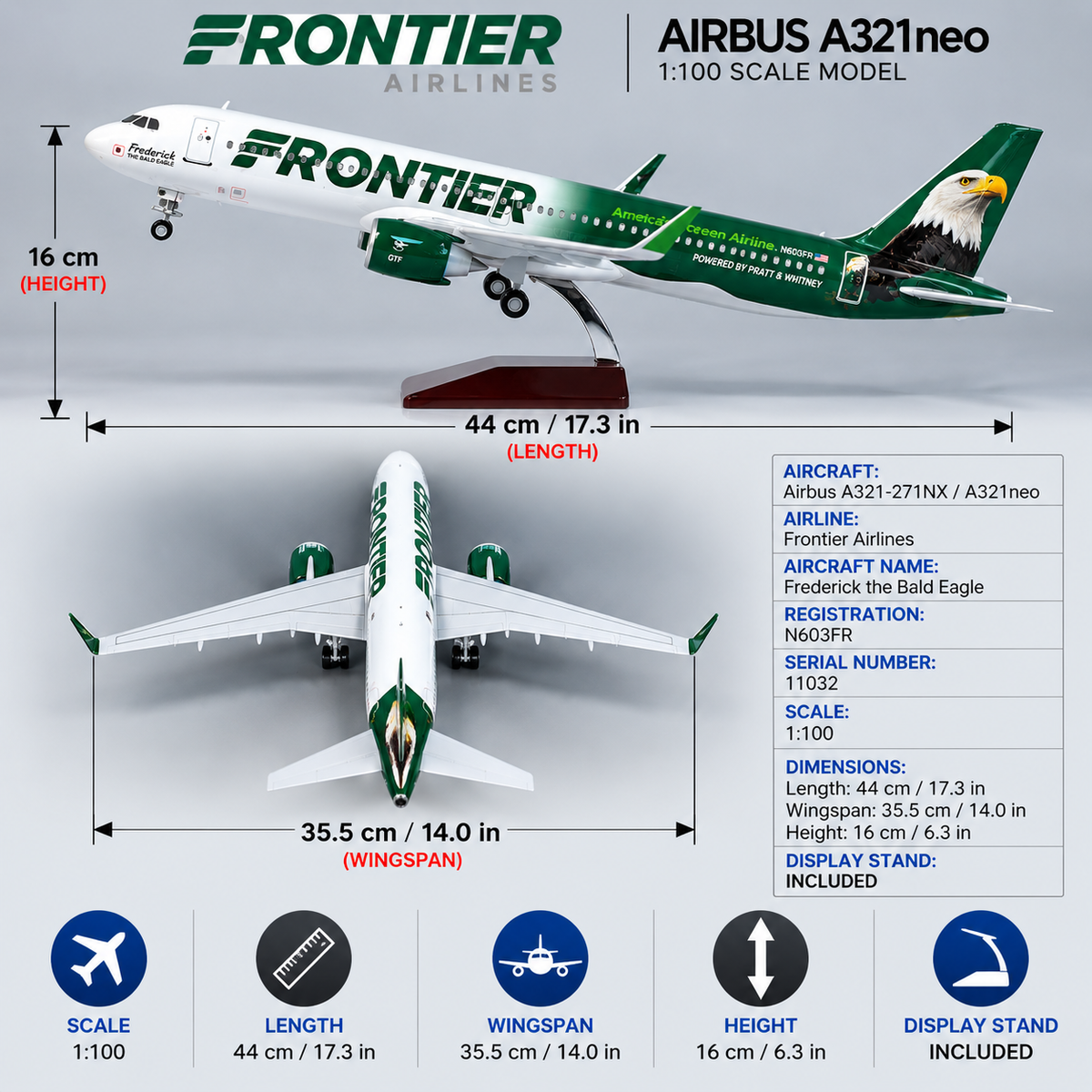 Frontier Airlines Airbus A321neo “Frederick the Bald Eagle” N603FR 1:100 Scale LED Aircraft Model