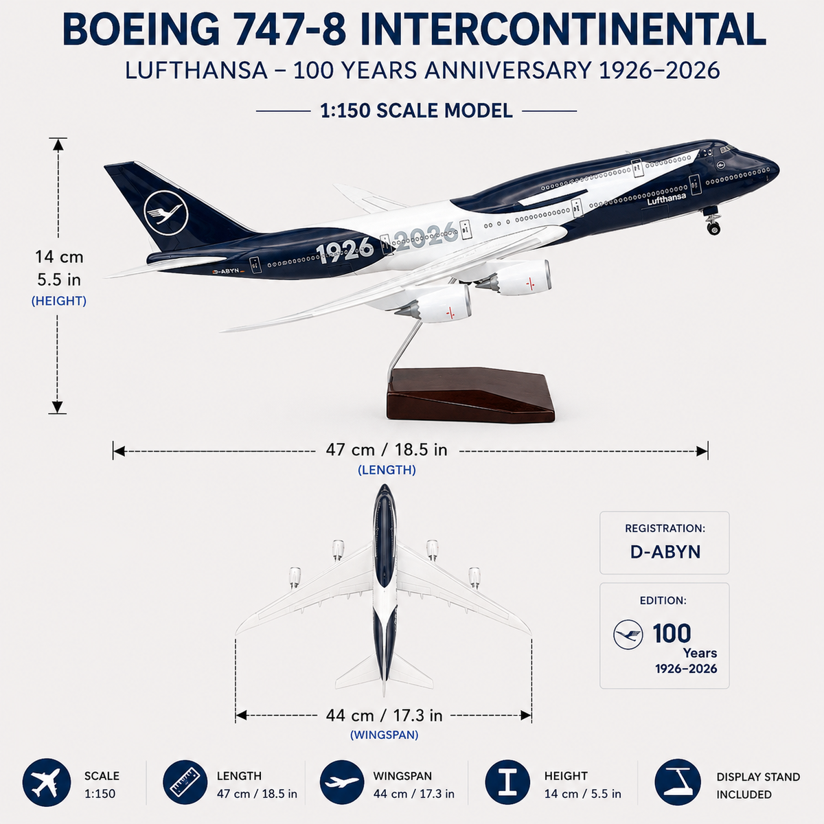 Lufthansa Boeing 747-8 “100 Years” 1:150 Scale Model – 47cm Sound-Activated LED Collector Aircraft