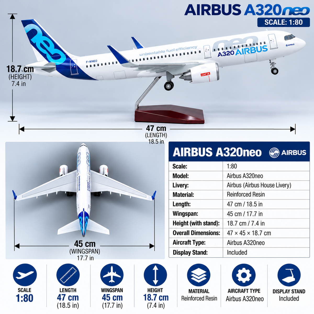 Airbus A320neo Prototype 1:80 Scale LED Aircraft Model – 47cm Premium Resin Collector Plane Model