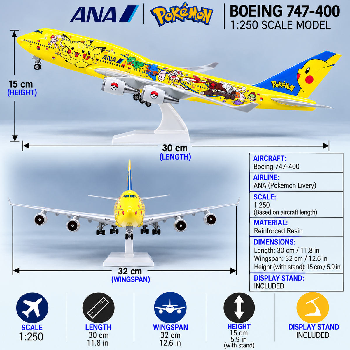 ANA Pokémon Boeing 747-400 1:250 Scale Resin Aircraft Model – Pikachu Livery, 30 cm / 11.8 in