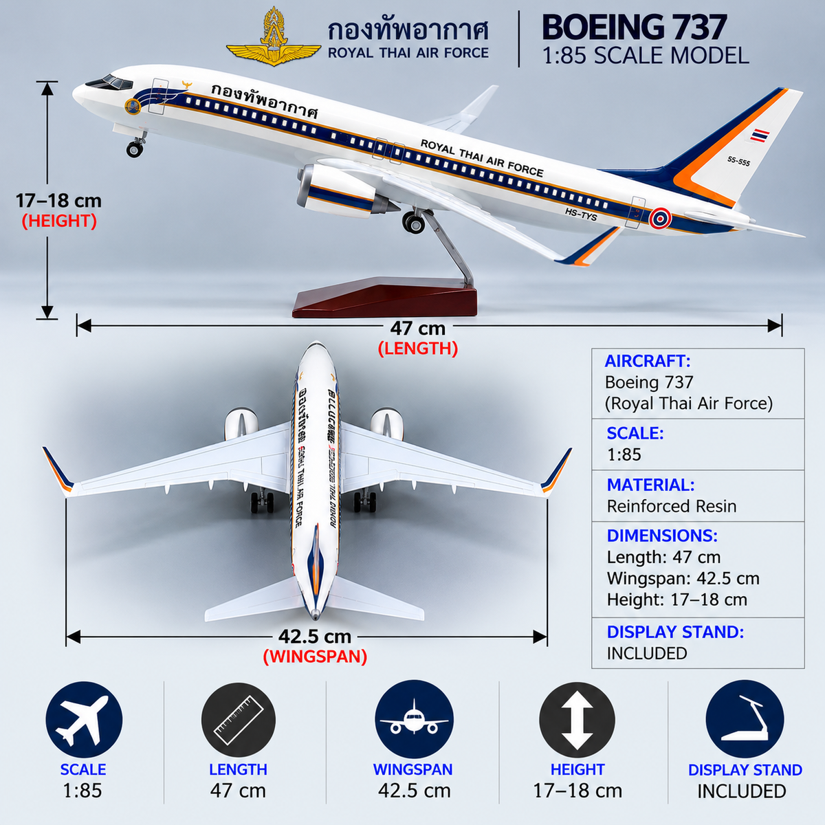 Modelo de avión de resina Boeing 737 de la Real Fuerza Aérea Tailandesa a escala 1:85
