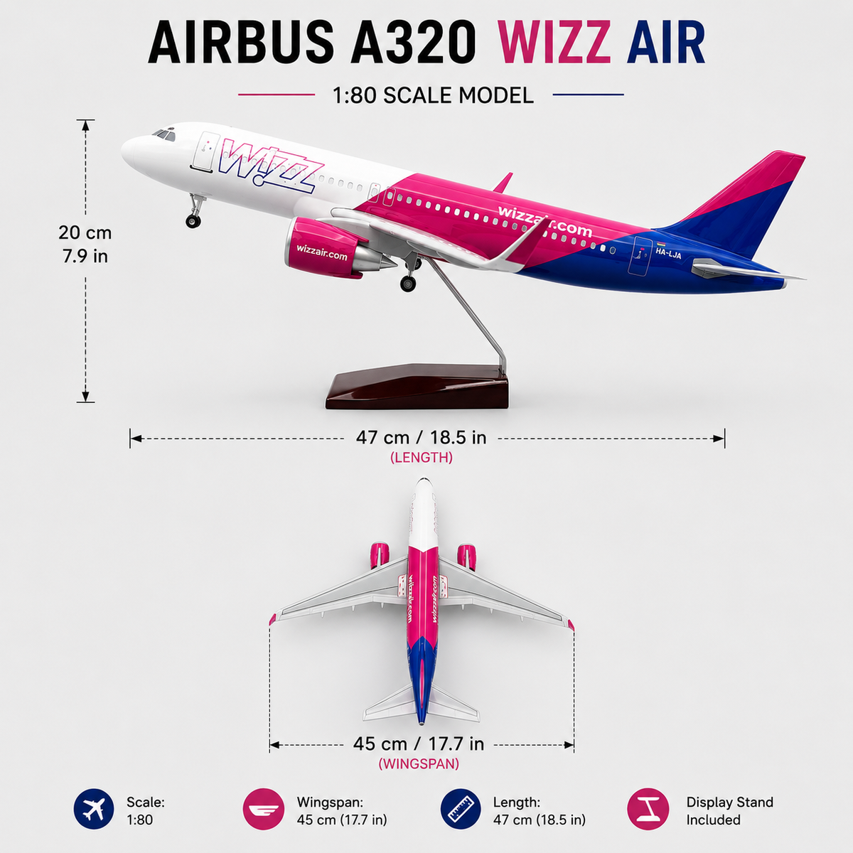 Wizz Air Airbus A320 – 1:80 Scale – 47cm / 18.5in – LED Airplane Model