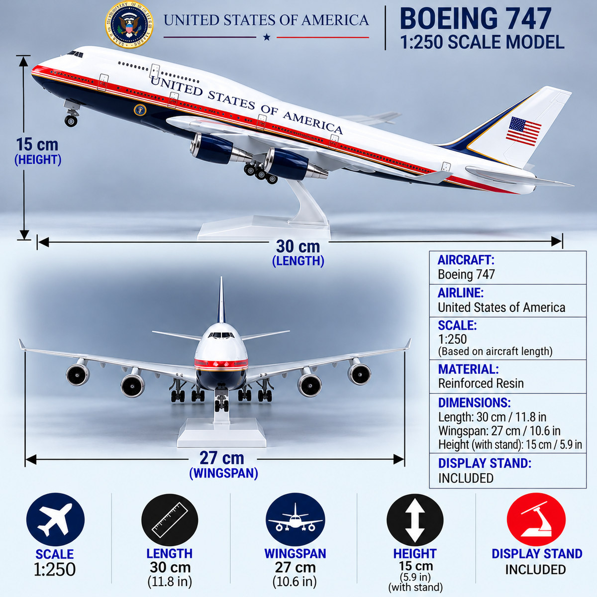United States Air Force One Boeing 747 Aircraft Model 1:250 Scale – Presidential Livery Resin Model, 30 cm / 11.8 in
