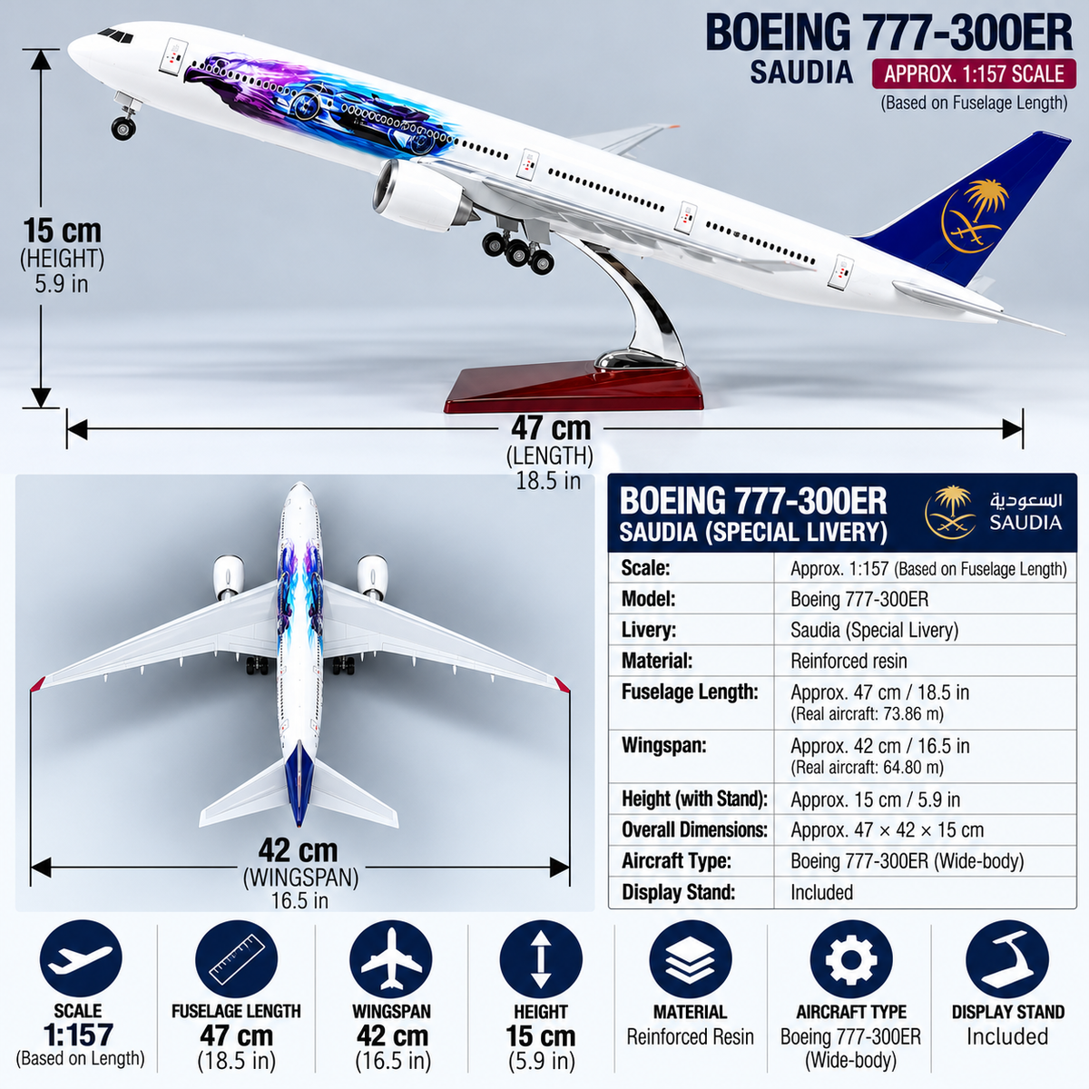 Saudia Boeing 777-300ER Special Livery 1:157 Scale LED Aircraft Model – 47cm Premium Resin Collector Model