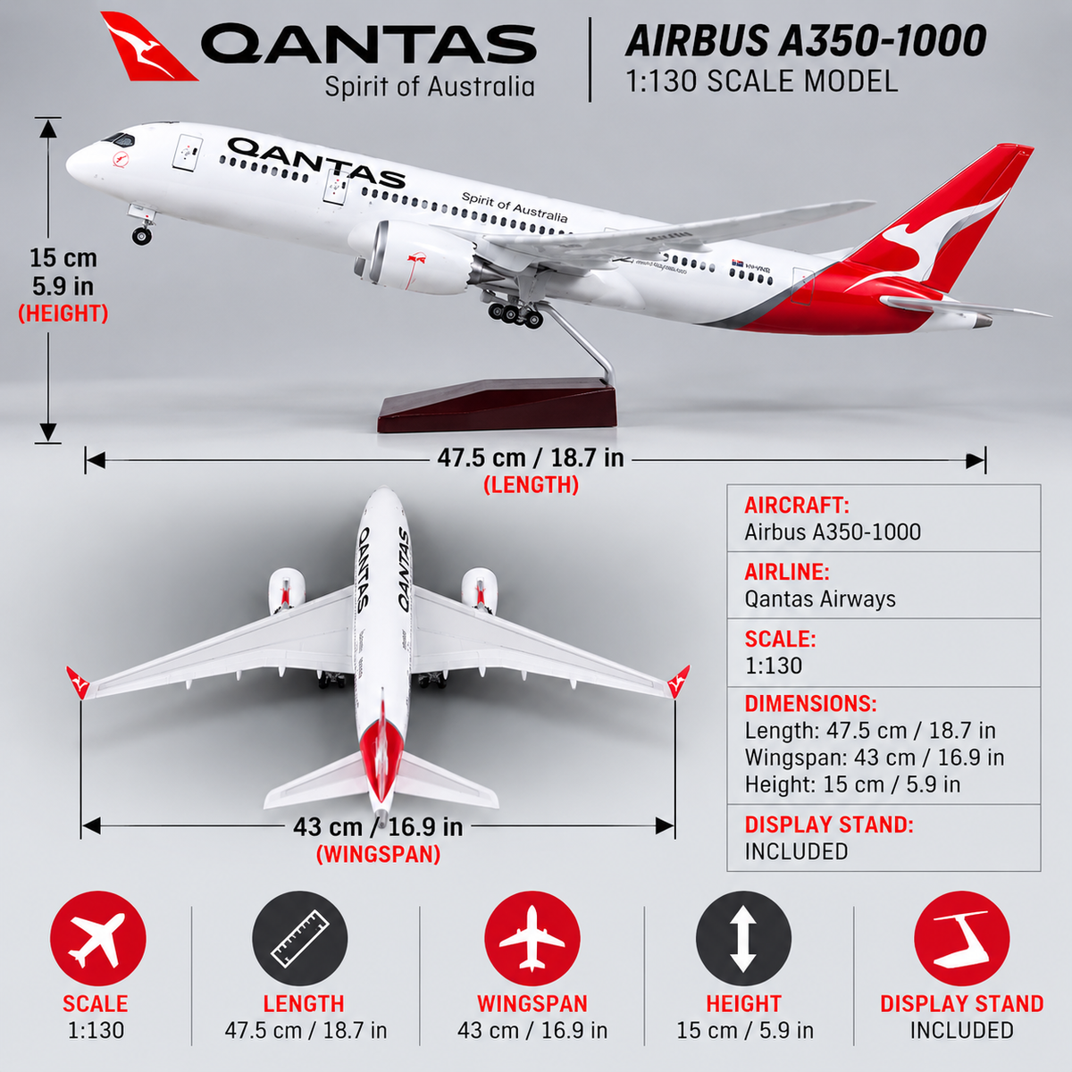 Qantas Airbus A350-1000 1:130 Scale LED Aircraft Model