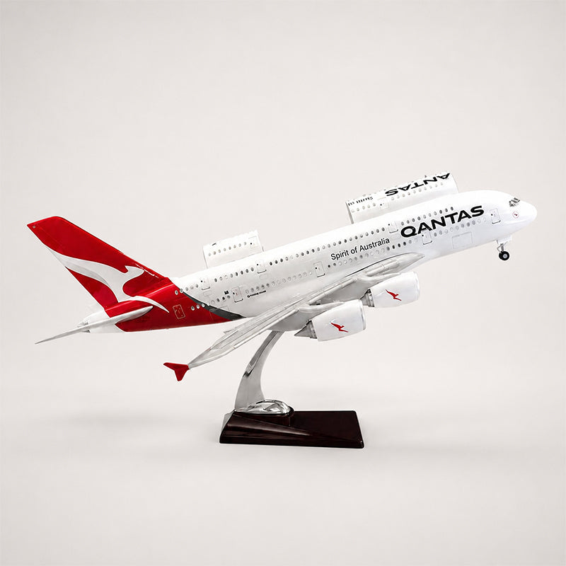 Rear left view of Qantas Airbus A380 1:160 scale resin airplane model with LED cabin lighting and premium display stand.