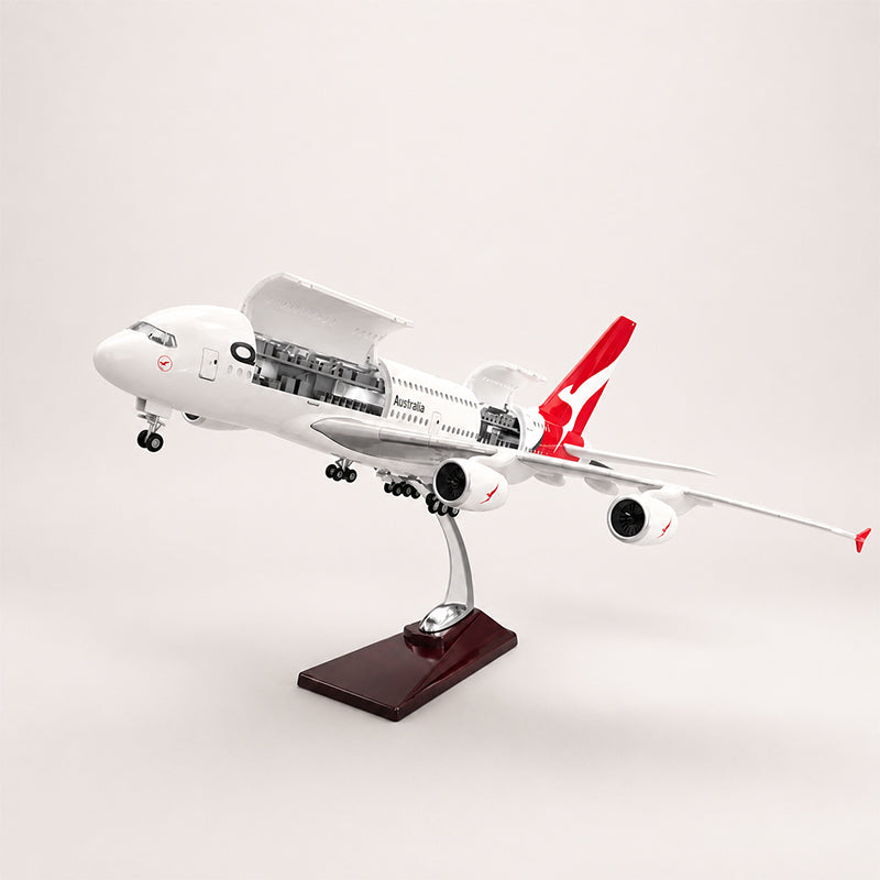 Qantas Airbus A380 1:160 scale premium resin airplane model rear angle with authentic airline livery and display stand.