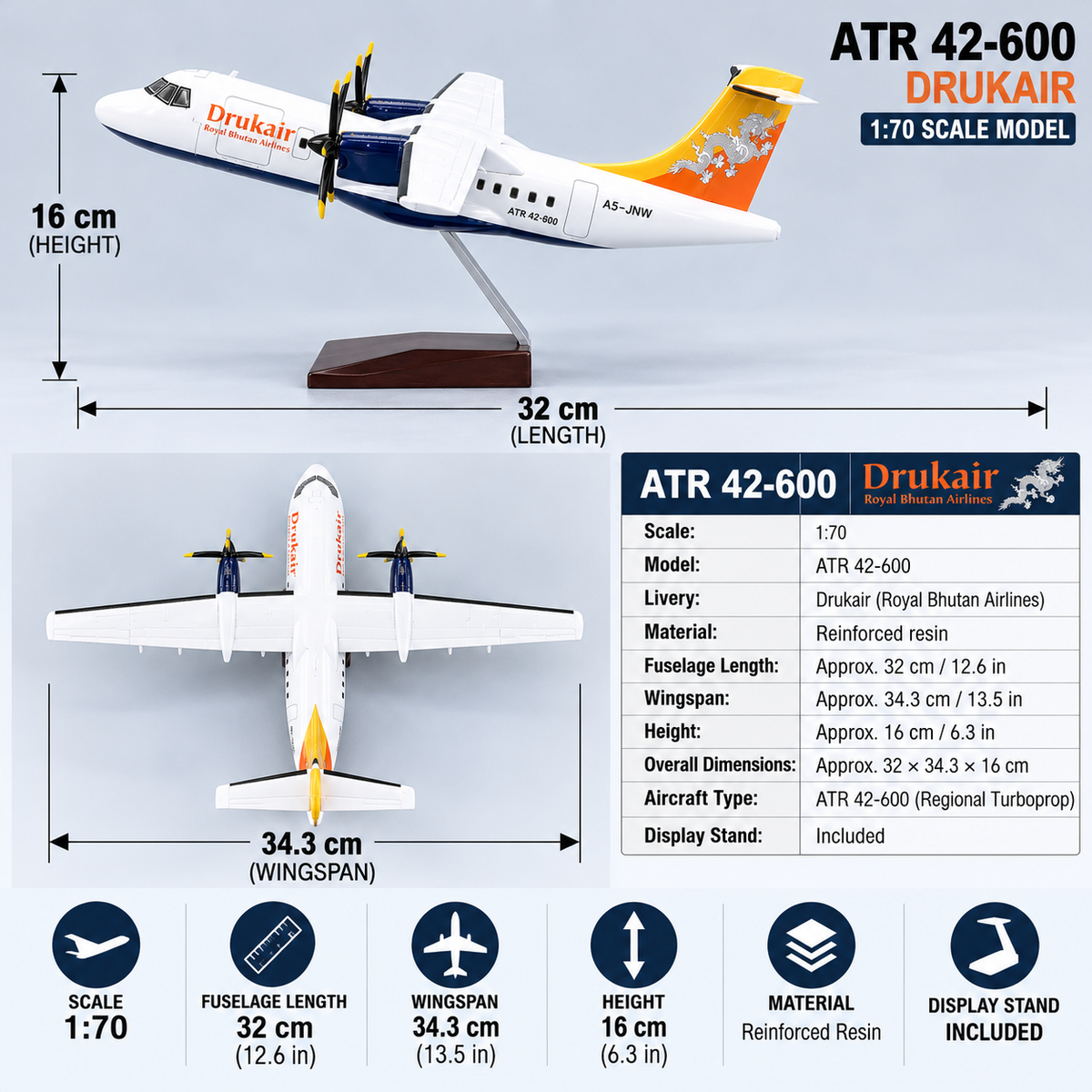 Drukair ATR 42-600 1:70 Scale Resin Aircraft Model – 32cm Royal Bhutan Airlines Collectible with Stand