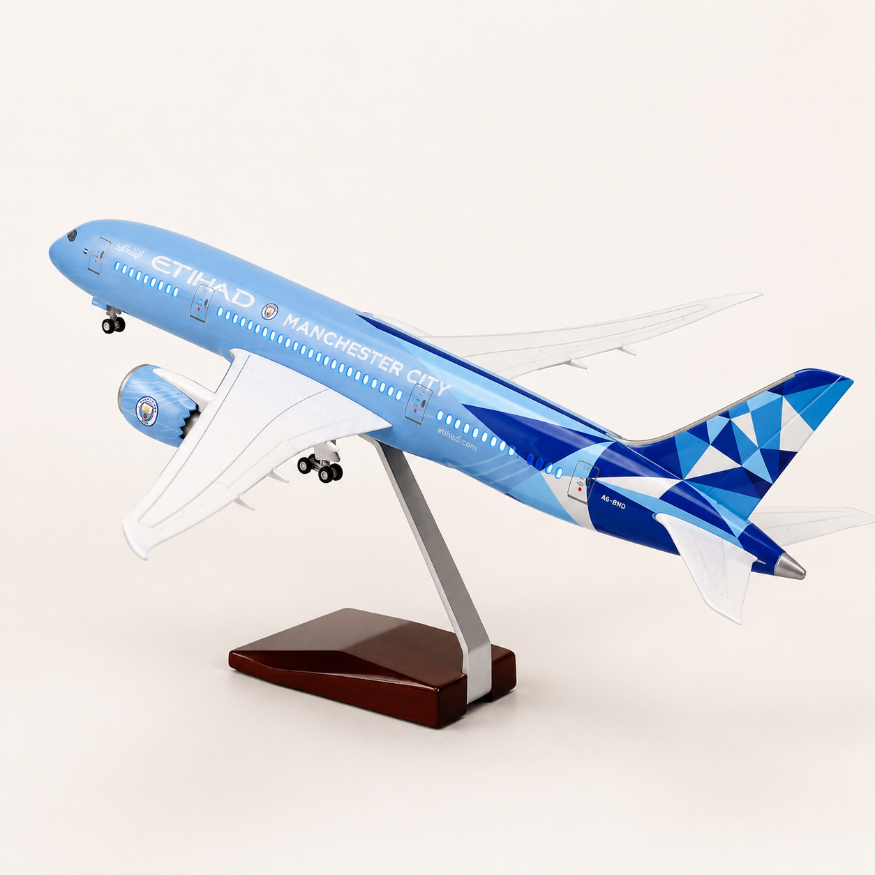 ETIHAD AIRWAYS BOEING 787-9 MANCHESTER CITY SPECIAL LIVERY Premium Resin Display Model with LED Lighti Removable Landing Gear