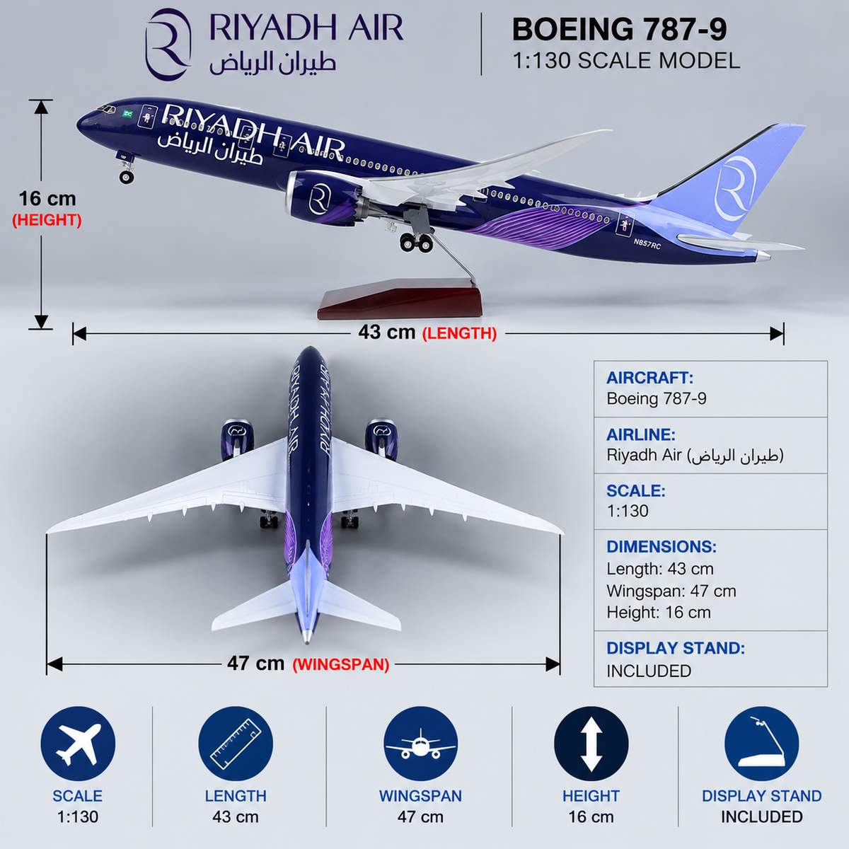 Riyadh Air Boeing 787-9 Dreamliner 1:130 Scale Aircraft Model