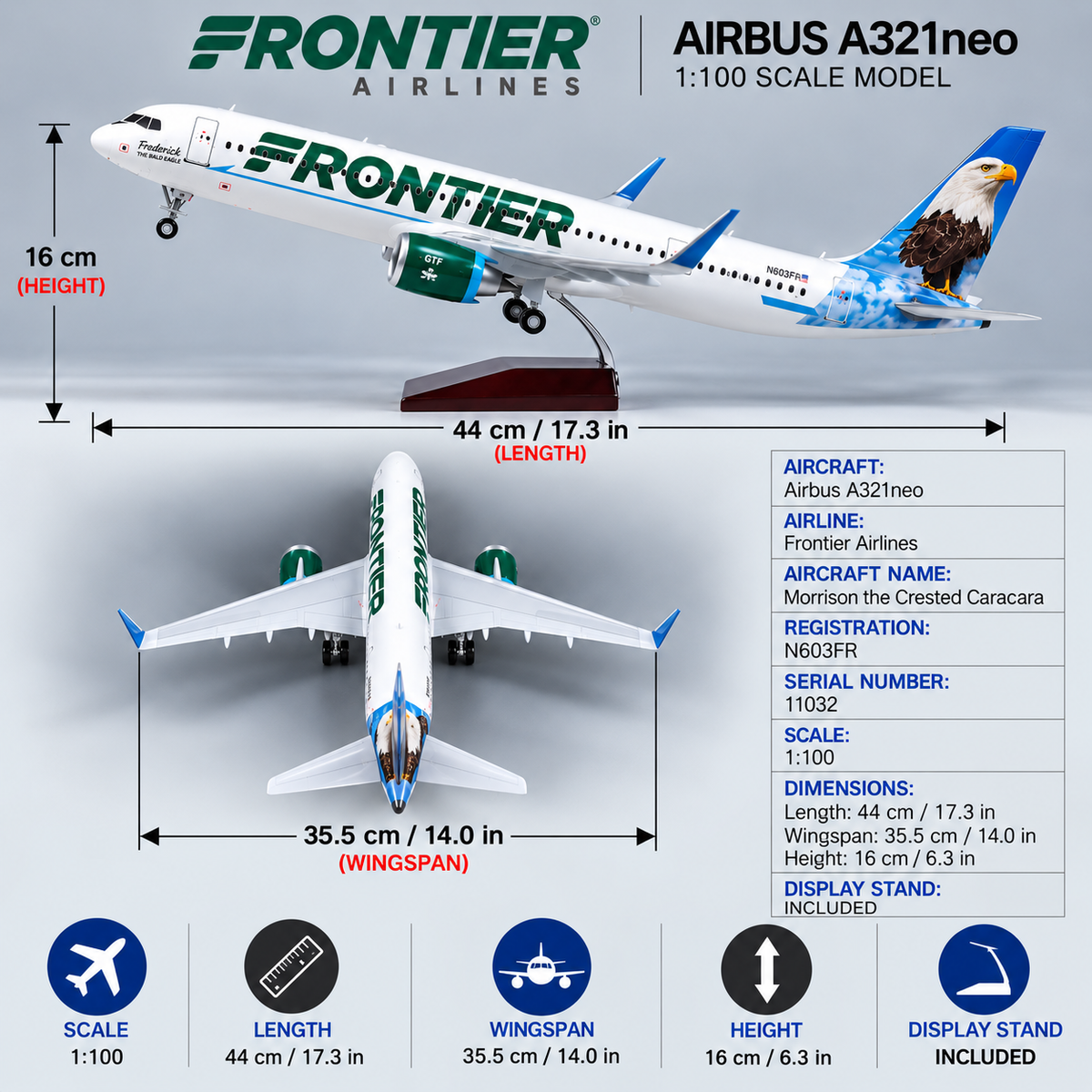 Frontier Airlines Airbus A321neo “Morrison the Crested Caracara” 1:100 Scale LED Aircraft Model