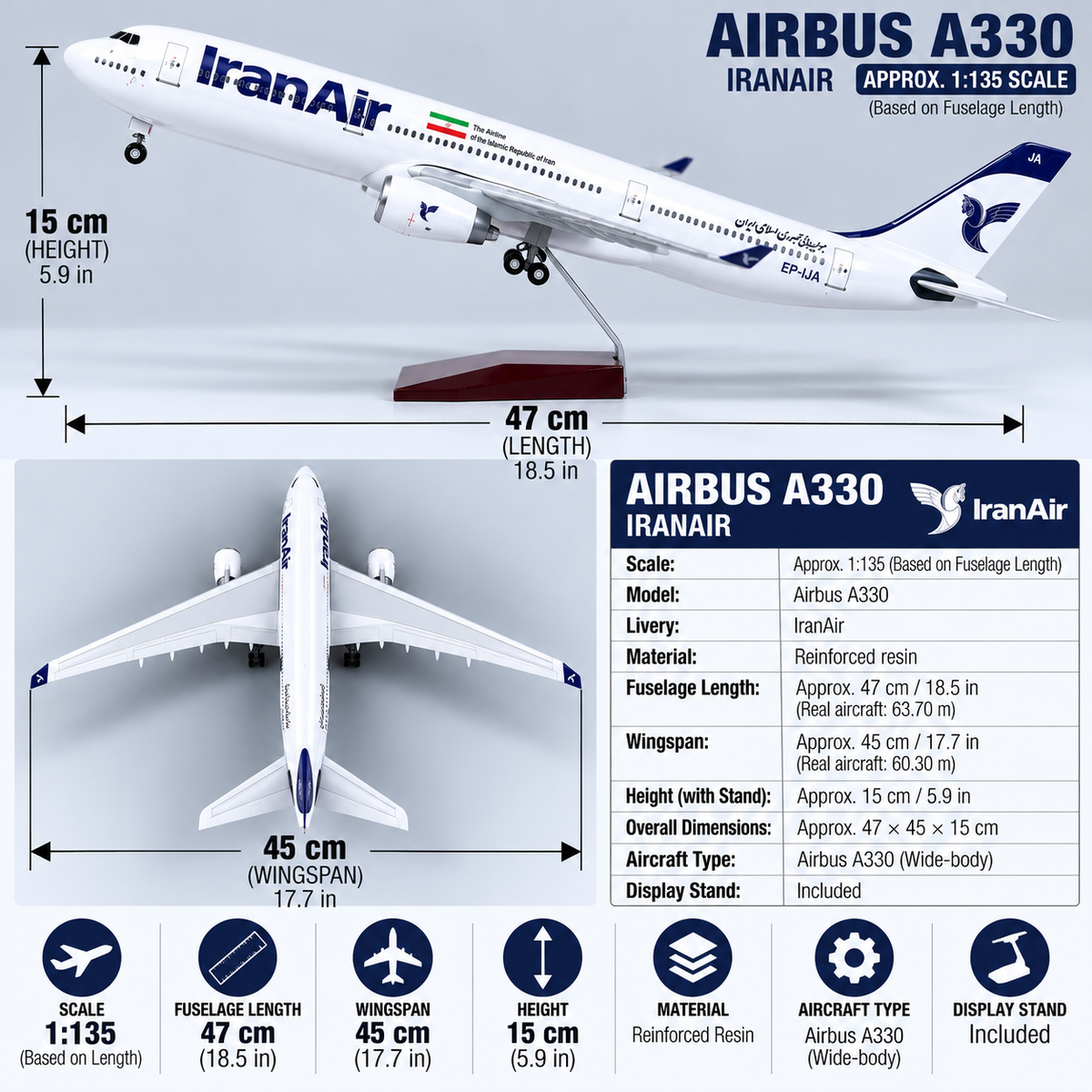 Iran Air Airbus A330 1:135 Scale LED Aircraft Model – 47cm Sound-Activated Resin Collector Airplane Model