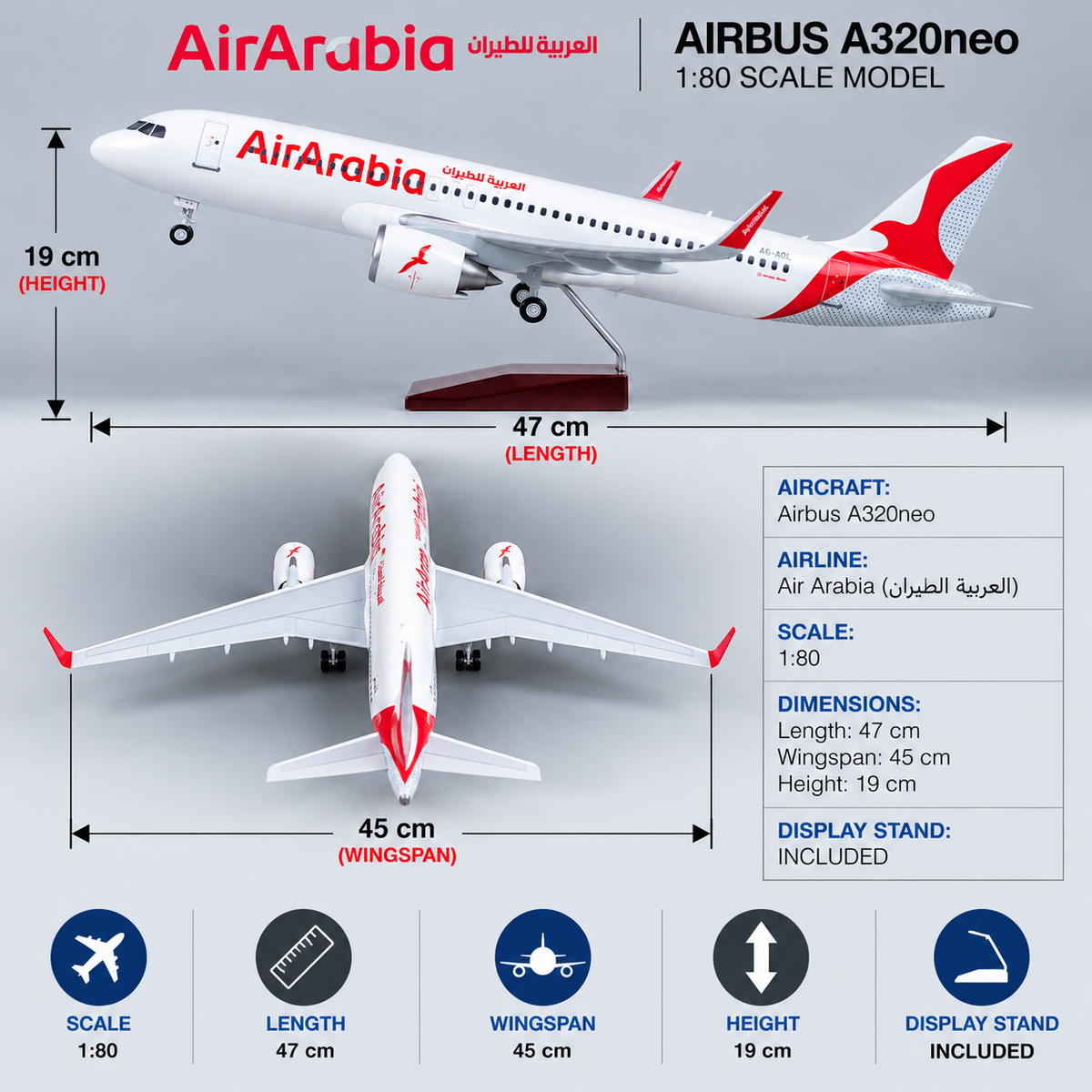 Air Arabia Airbus A320neo 1:80 Scale LED Aircraft Model