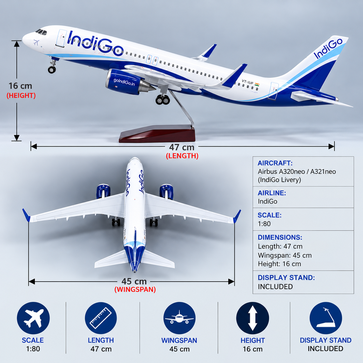 IndiGo Airbus A320neo / A321neo 1:80 Scale LED Aircraft Model