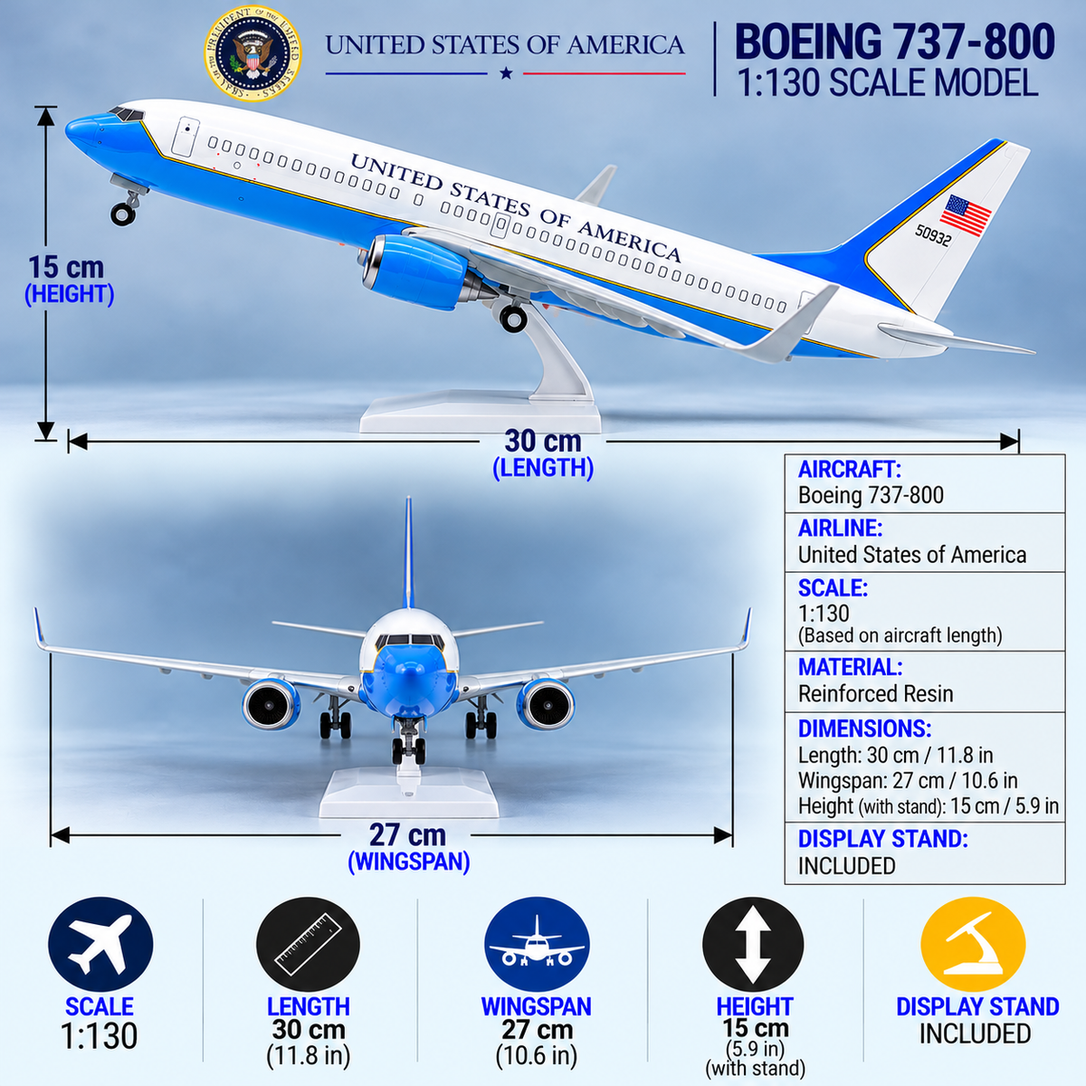 United States Boeing 737-800 Government Business Jet Resin Aircraft Model – 1:130 Scale
