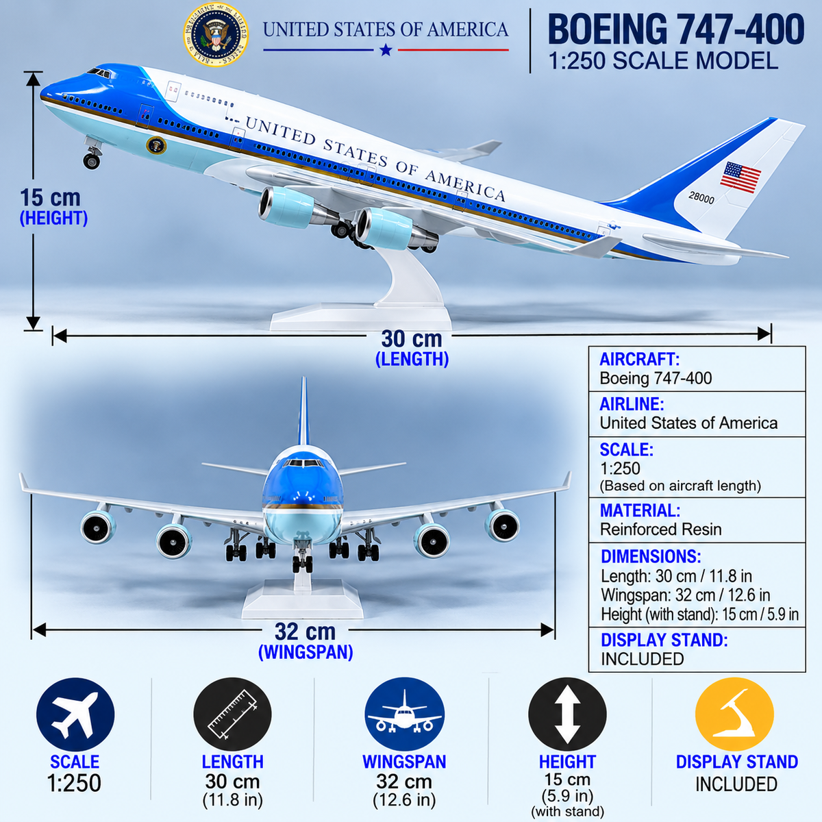 Air Force One Boeing 747-400 1:250 Scale Resin Aircraft Model – Presidential Blue & White Livery, 30 cm / 11.8 in