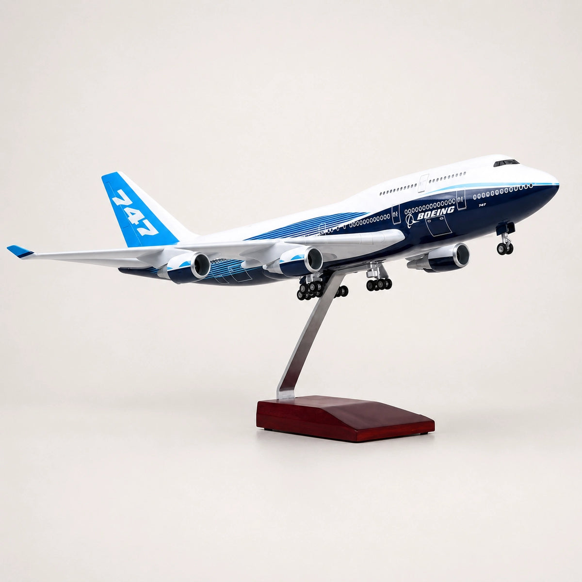 Boeing 747 LED airplane model displayed in flight on a premium wooden stand.