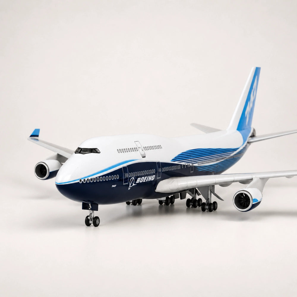 Close-up front view of Boeing 747 aircraft model highlighting cockpit windows and nose details.