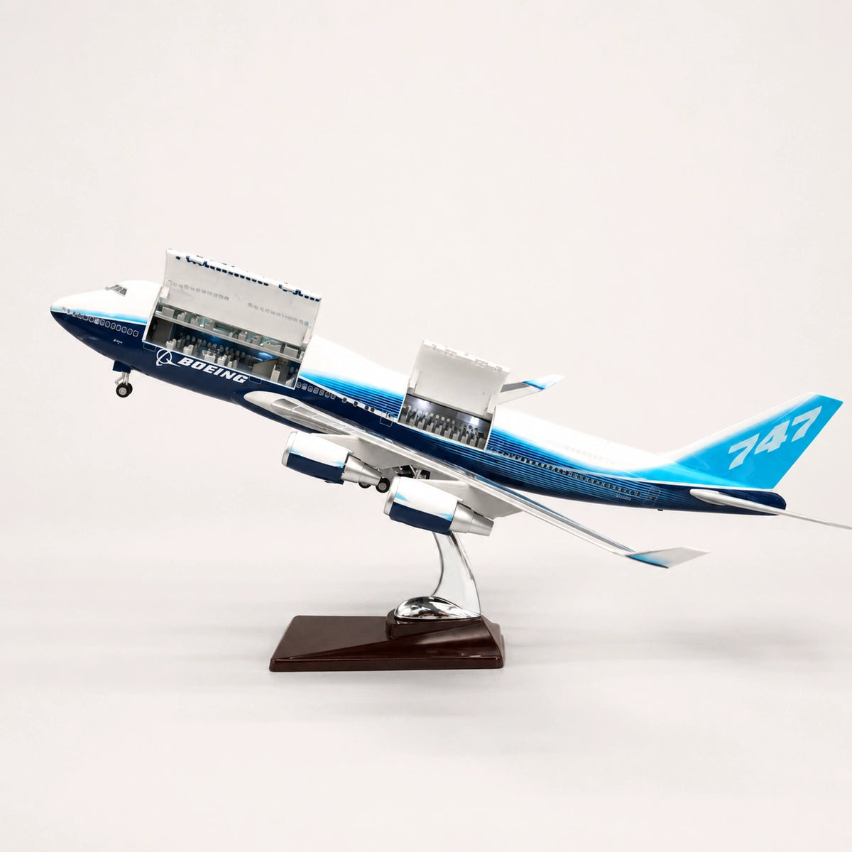 Boeing 747 LED aircraft model front view with landing gear, highly detailed aviation display model.