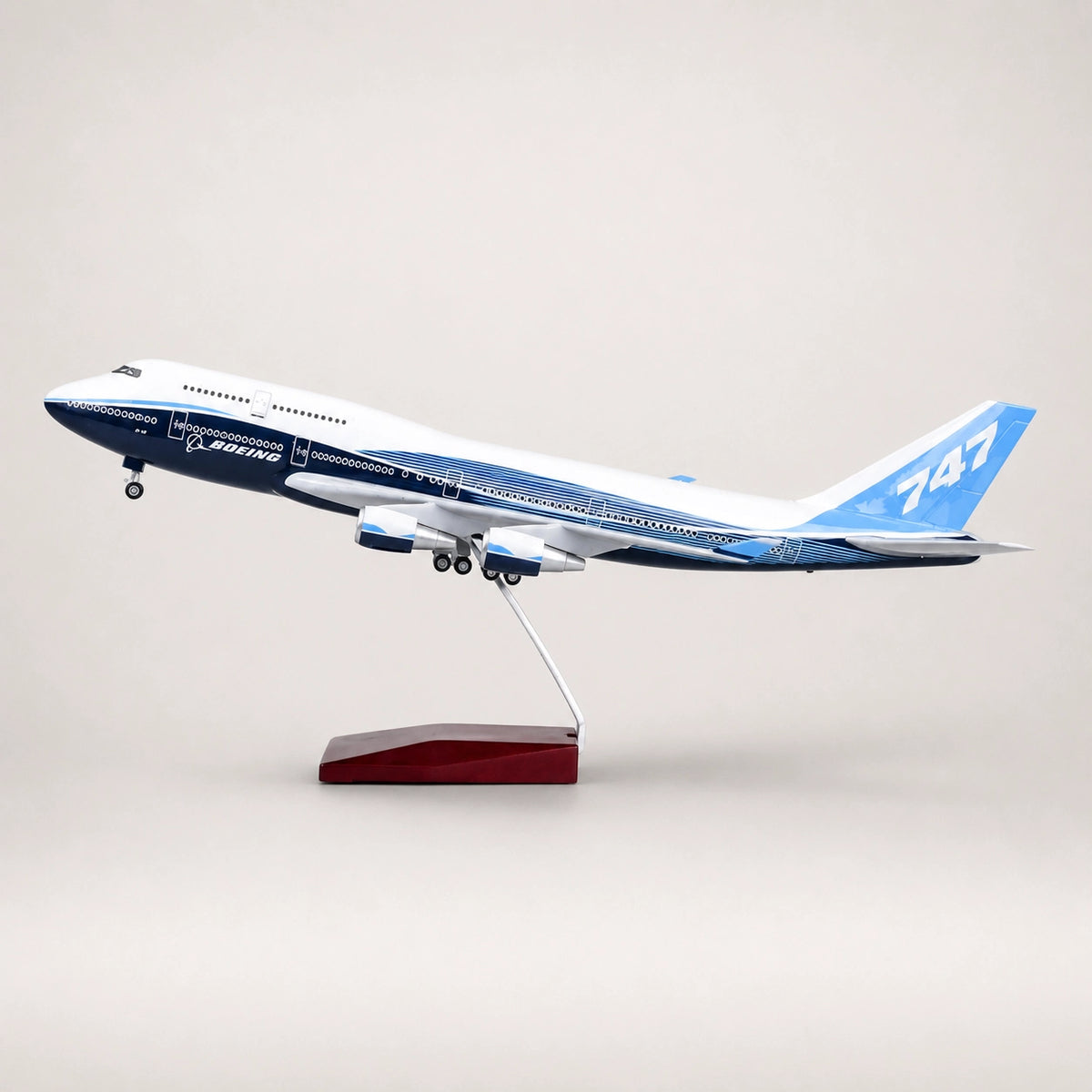Side profile of Boeing 747 LED aircraft model with realistic airline markings and landing gear.