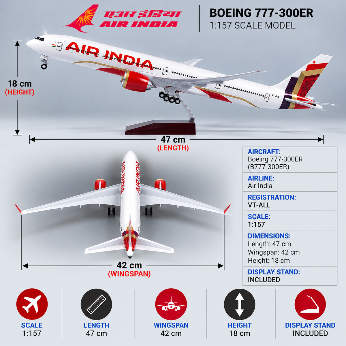 Air India Boeing 777-300ER 1:157 Scale LED Aircraft Model