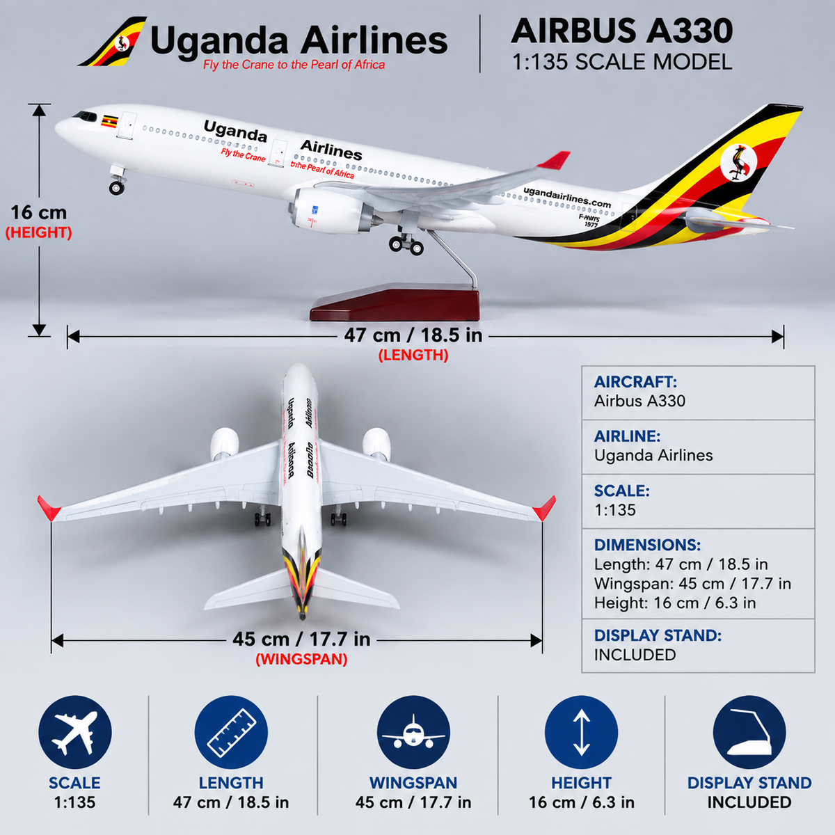 Uganda Airlines Airbus A330 1:135 Scale LED Aircraft Model