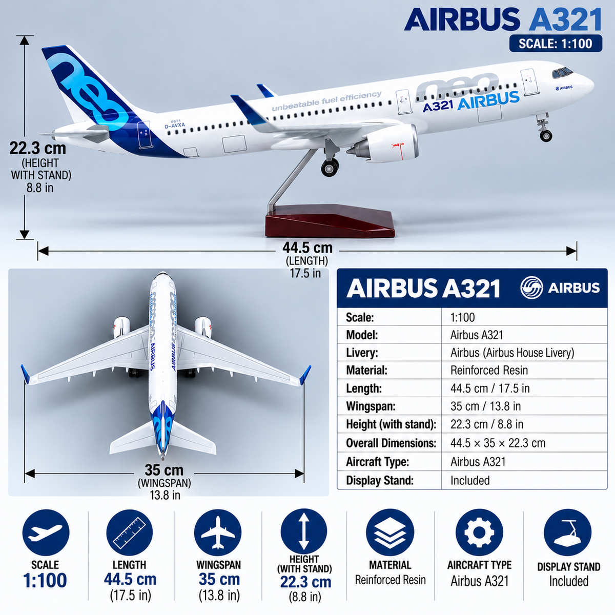 Airbus A321 Prototype 1:100 Scale Aircraft Model – 44.5cm Premium Resin Collector Plane Model