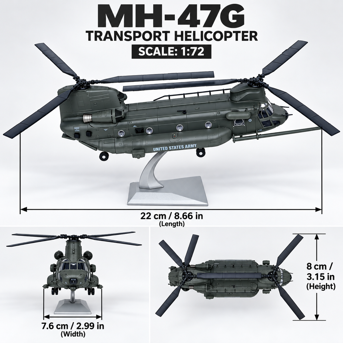 US Army MH-47G Chinook Helicopter 1:72 Scale Alloy & Plastic Military Aircraft Display Model