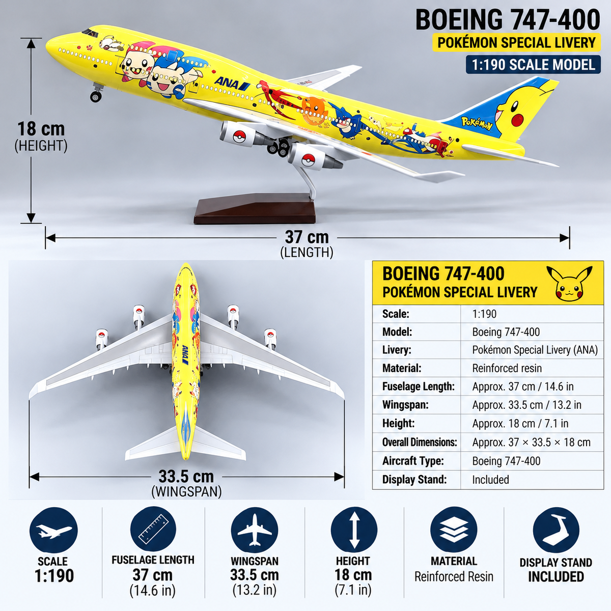 ANA Boeing 747-400 Pokémon Special Livery 1:190 Scale Aircraft Model – 37cm Premium Resin