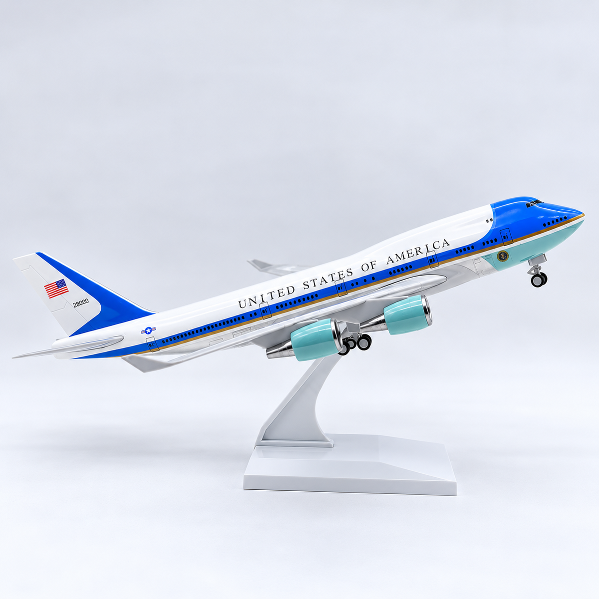 Air Force One Boeing 747-400 Presidential Blue and White Livery 1:250 Scale Resin Aircraft Model 30cm with Display Stand