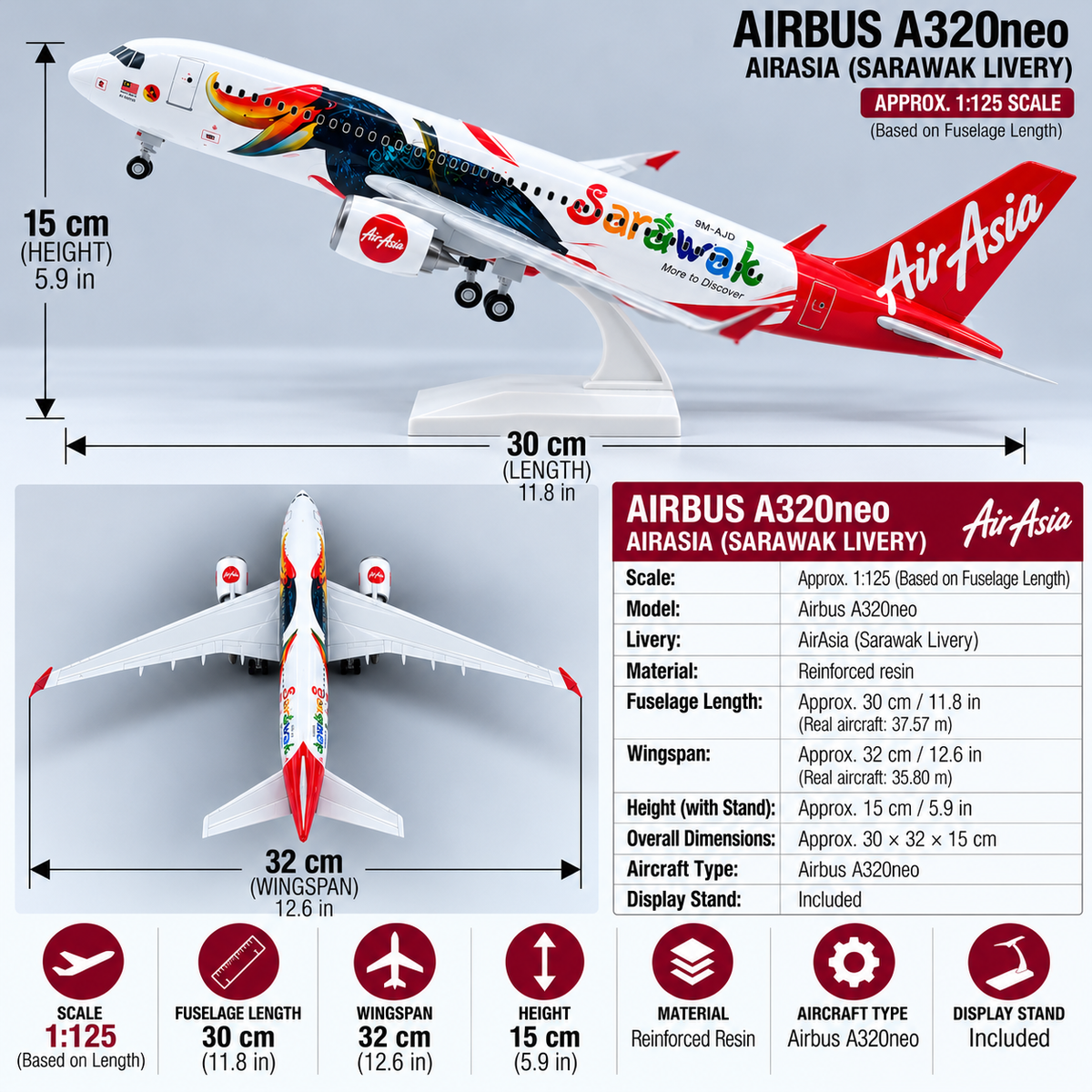 AirAsia Airbus A320neo Sarawak Special Livery Aircraft Model – 30cm Premium Resin Collector Model with Stand