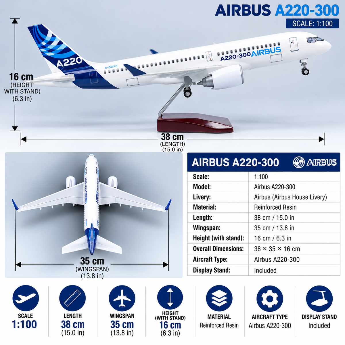 Airbus A220-300 Prototype 1:100 Scale LED Aircraft Model