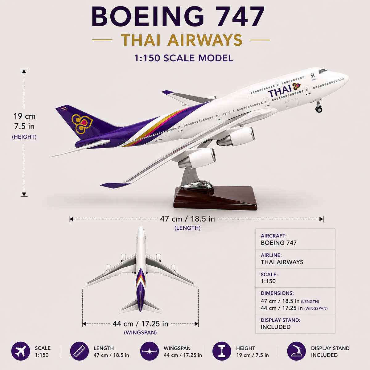 Thai Airways Boeing 747 1:150 Scale Resin Airplane Model – 47 cm / 18.5 in