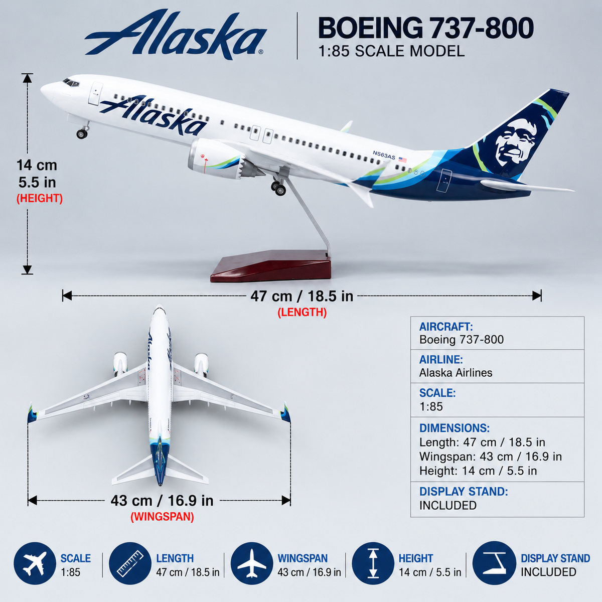 Alaska Airlines Boeing 737 MAX 1:85 Scale LED Aircraft Model – 47cm Sound-Activated Collector Plane