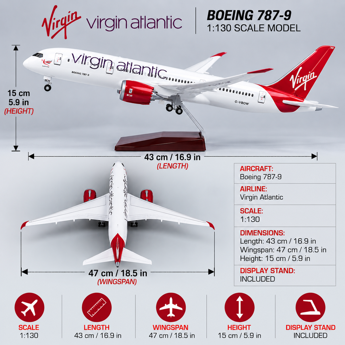 Virgin Atlantic Boeing 787-9 Dreamliner 1:130 Scale LED Aircraft Model