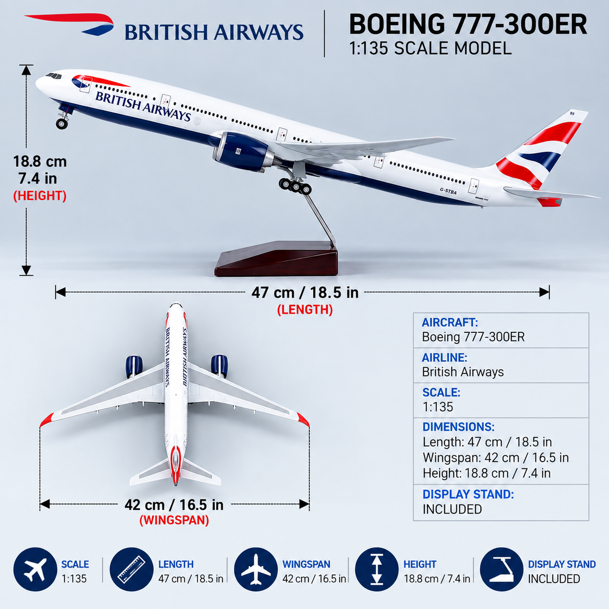 British Airways Boeing 777-300ER 1:135 Scale LED Model – 47cm ABS Resin Collector Aircraft