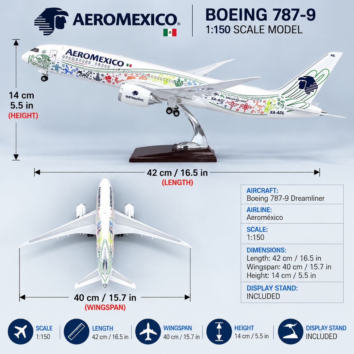 Aeroméxico Boeing 787-9 Dreamliner 1:150 Scale LED Model – 42cm Special Livery Aircraft Model